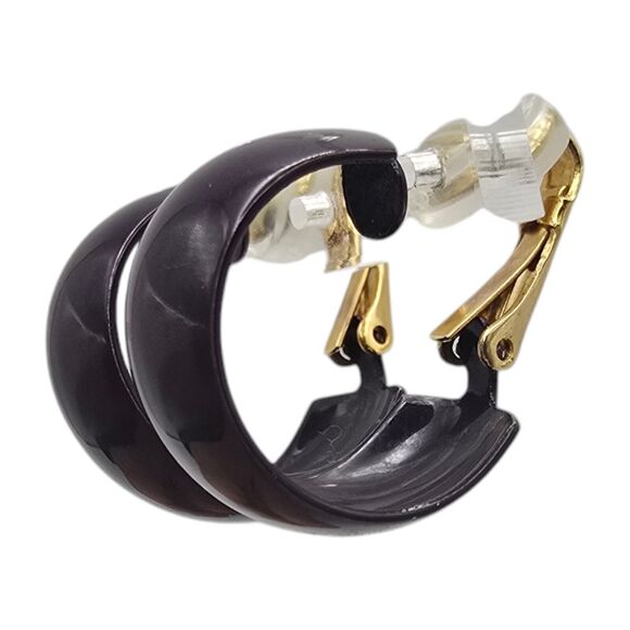 Clip On Hoop Earrings Retro Dark Purple Plum Small Chunky Gold Tone Vintage - Picture 2 of 6